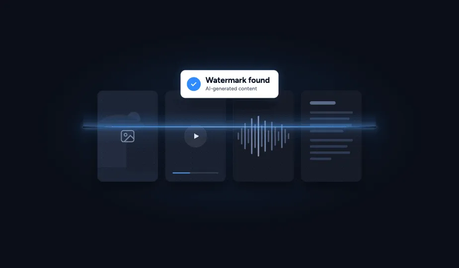 Four dark content tiles for a photo, video, audio waveform, and text block with a glowing blue scan line passing through them, and a white popover above reading 'Watermark found, AI-generated content' with a blue checkmark.