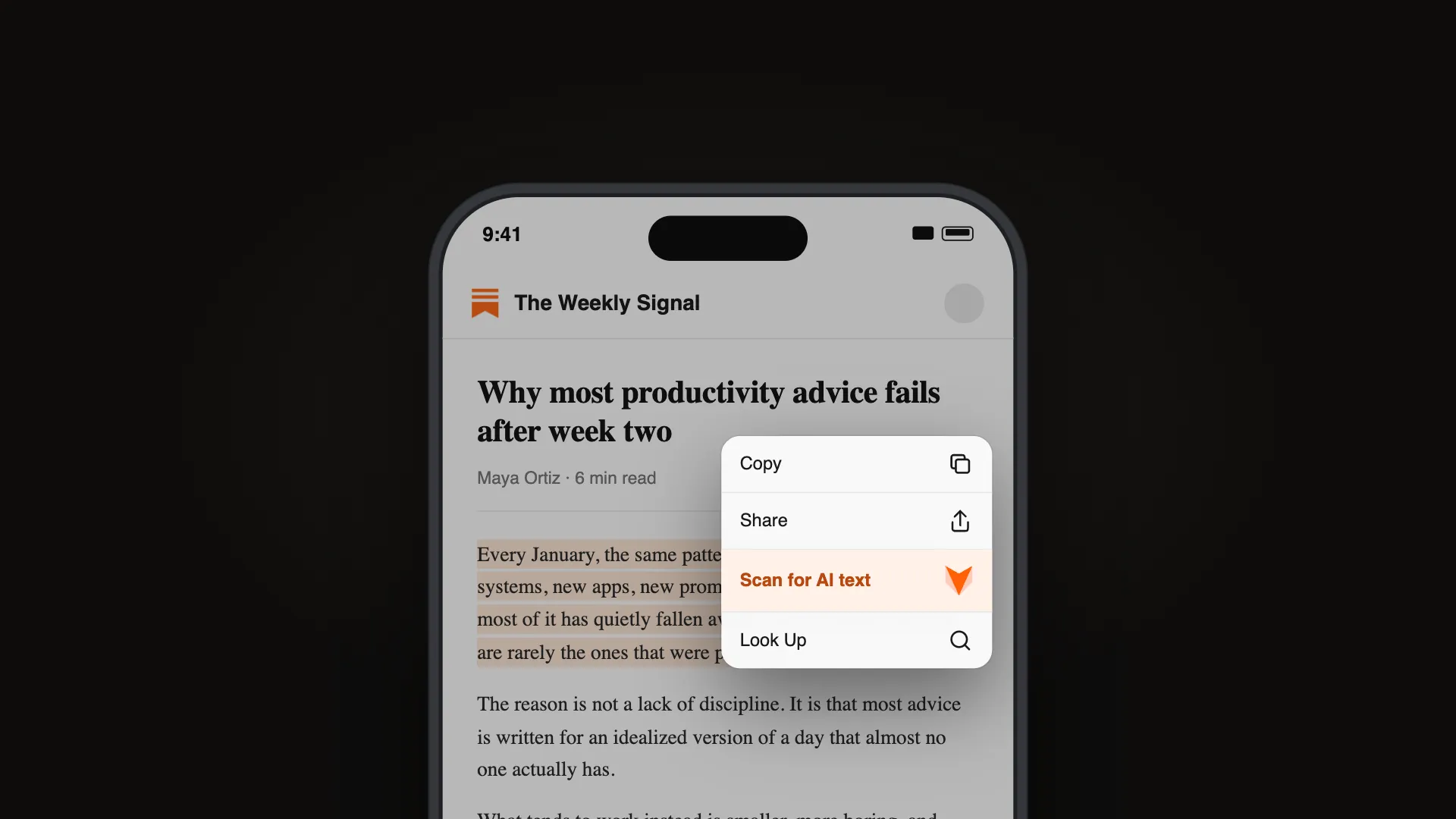 A phone showing a Substack newsletter article with a passage highlighted and a context menu open, where the option 'Scan for AI text' with the Pangram logo is highlighted in orange alongside Copy, Share, and Look Up.